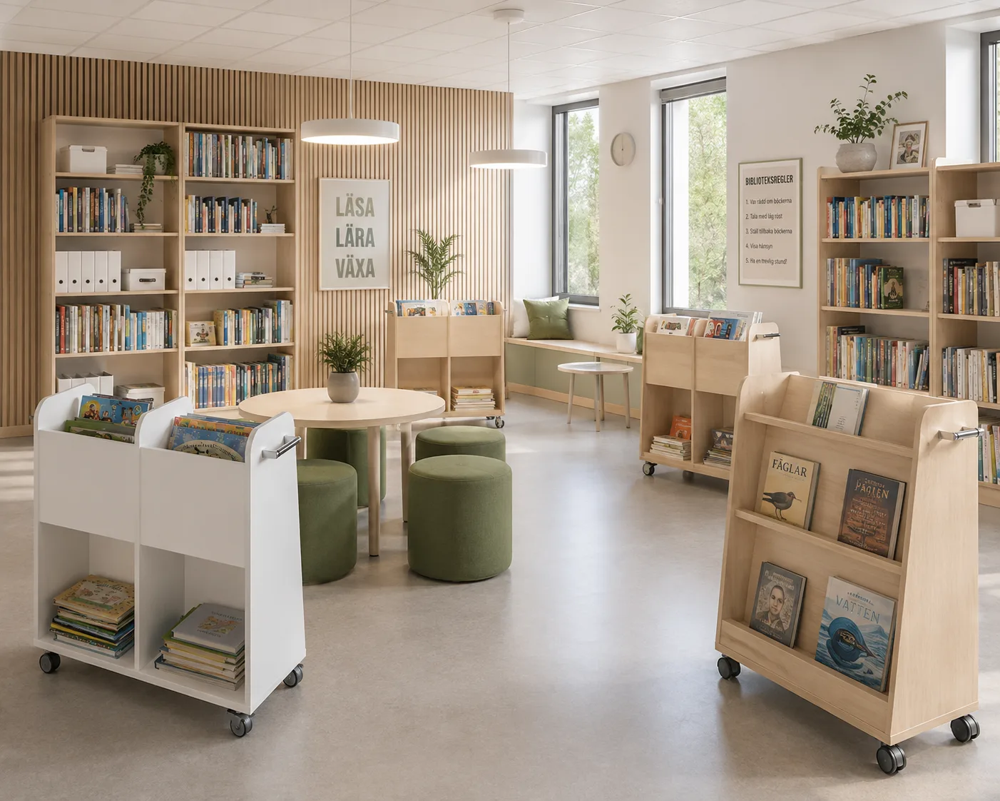 Skolbibliotek med bokhyllor och bokvagnar i ljust trä